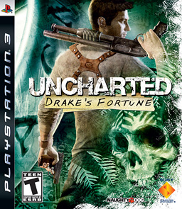 Box art for Uncharted - A white man with several guns, in a jungle.